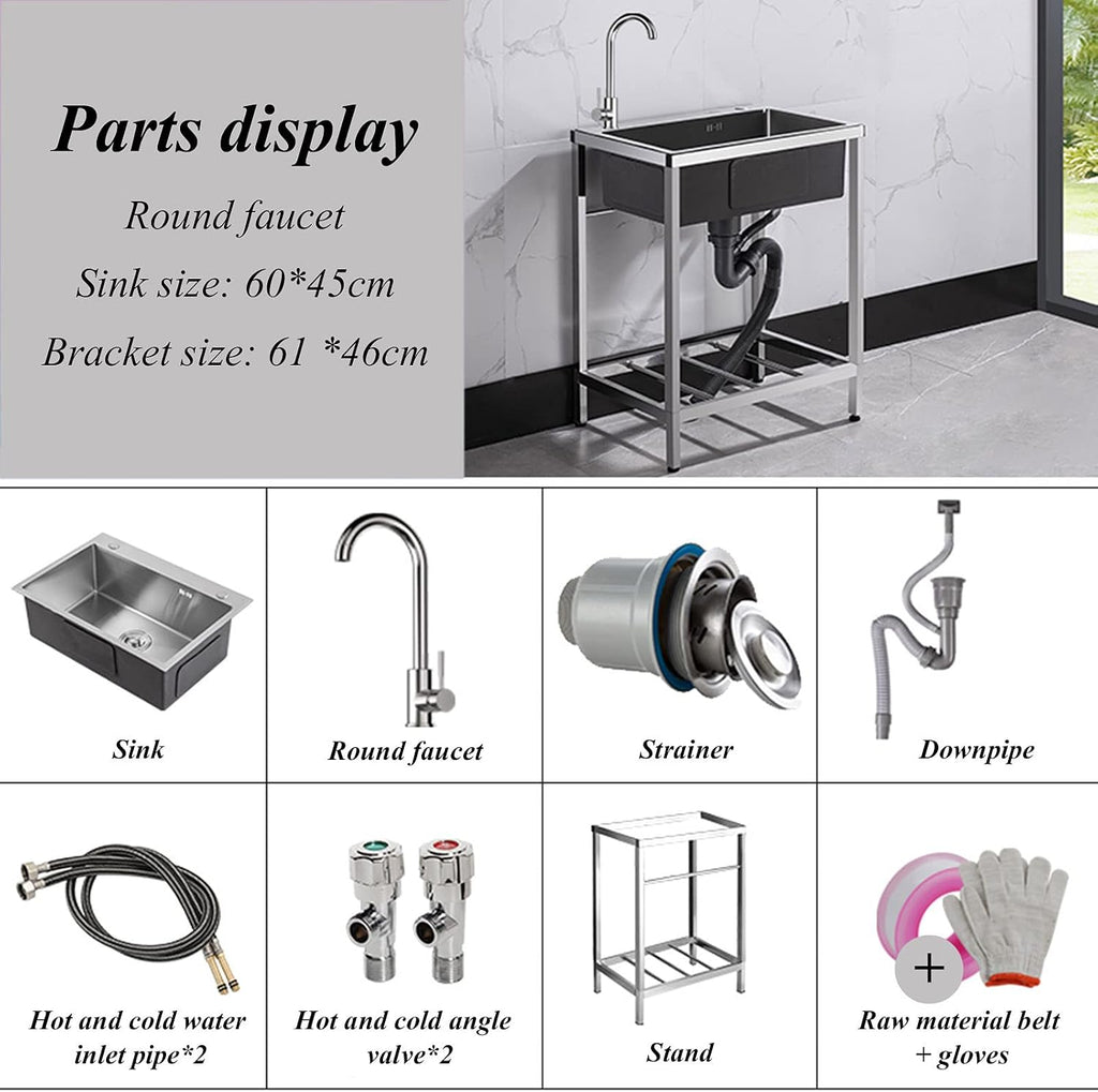 Free Standing Stainless-Steel Single Bowl Sink Commercial Restaurant Kitchen Sink Set with Faucet and Storage Shelve, Utility Washing Hand Basin for Indoor Outdoor