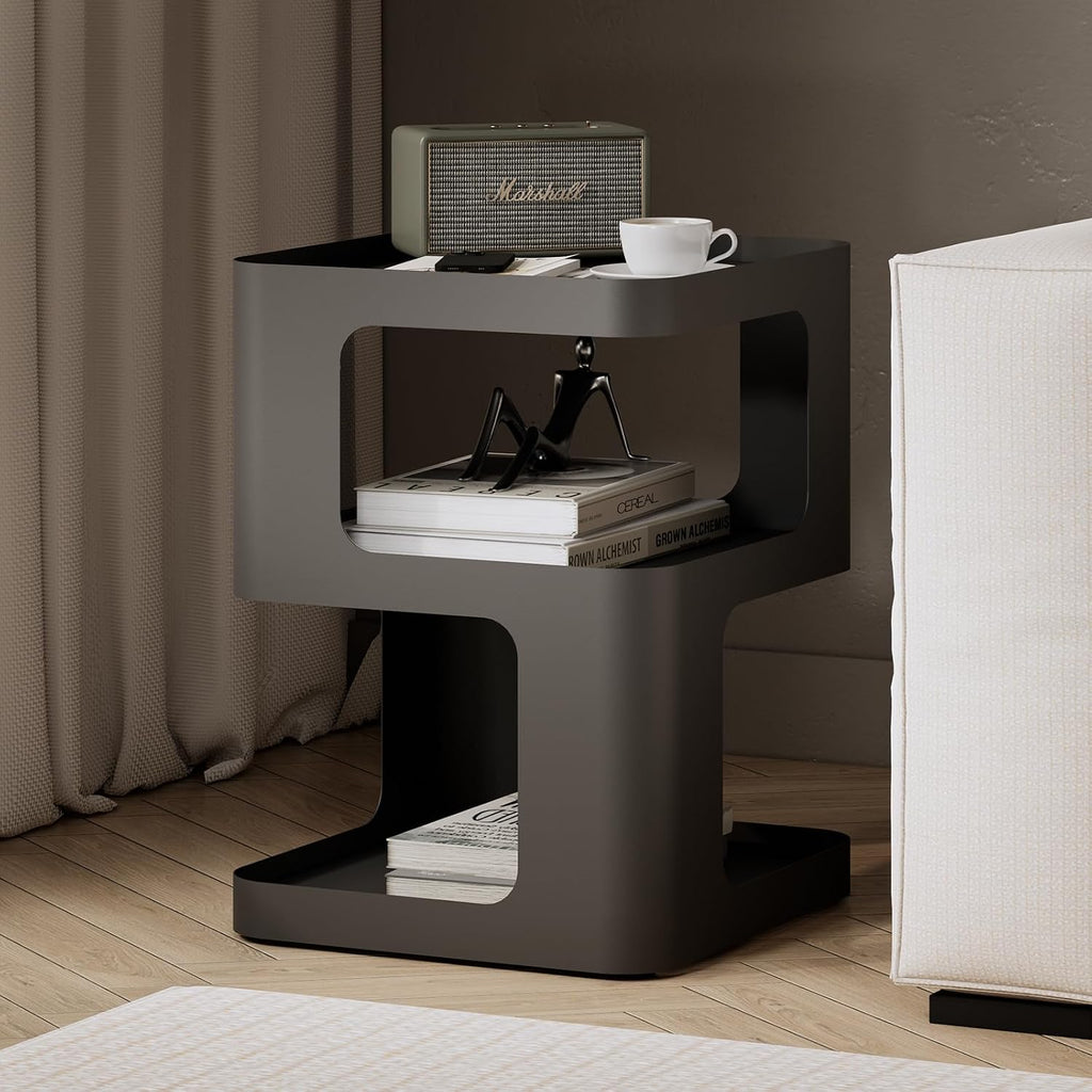 Modern Side Table for Sofa & Couch,Black Metal Bedside Table,3 Tier end Tables with Storage for Living Room & Bedroom,Compact Nightstand for Small Spaces,No Assembly Required
