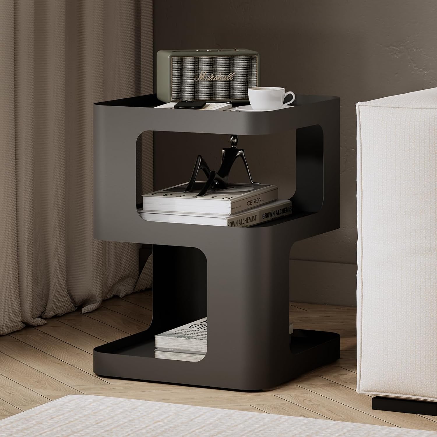 Modern Side Table for Sofa & Couch,Black Metal Bedside Table,3 Tier end Tables with Storage for Living Room & Bedroom,Compact Nightstand for Small Spaces,No Assembly Required