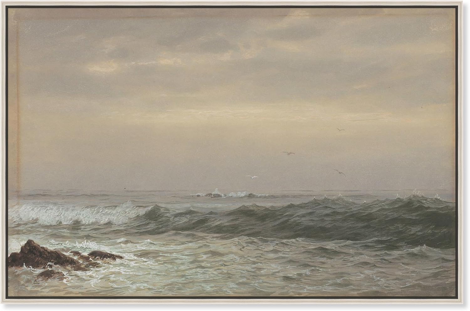 Art Remedy Rocks and Breaking Waves Canvas Coastal Classic Art, Silver Frame, 45' x 30'