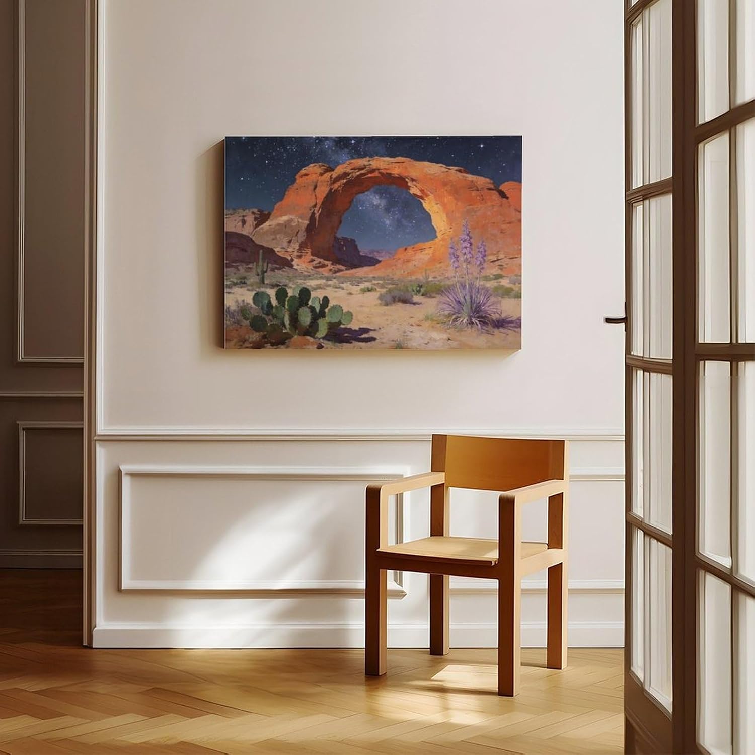 Frame Starry Night Desert Arch Wall Art Canvas Print, Milky Way Sky Over Red Rock Canyon Landscape Painting, Southwestern Cactus Decor 24x36inch(60x90cm)