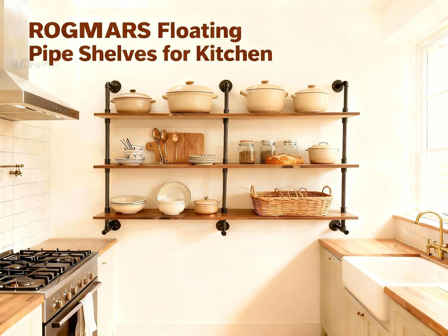 Industrial Pipe Wall Shelves Pipe Shelving,Natural Wood 60 Inches Long Walnut Floating Shelves for Wall Farmhouse Pipe Book Shelves for Kitchen,Living Room, Bar Shelving