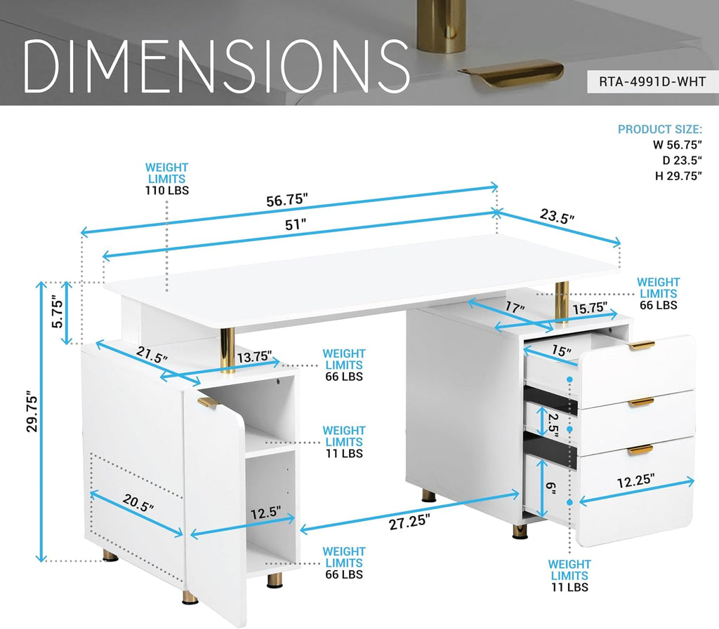 Elegant 57' W Executive Desk with 3 Drawers and Storage Cabinet, Modern Office Desk with Gold Accents, Floating Work Surface, Closed Storage with Ventilation & Adjustable Shelf (White,Gold)