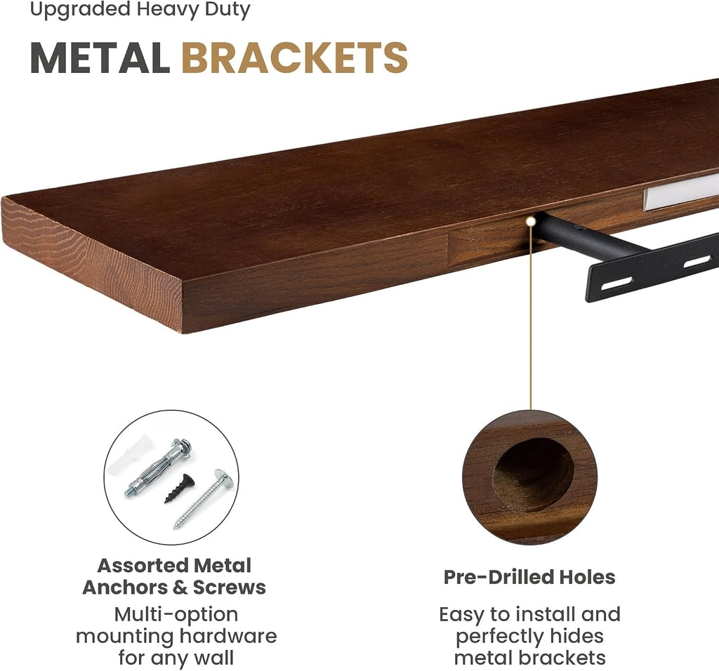 RICHFOCUS Floating Shelves for Wall 48 Inch Solid USA-Sourced Oak Wooden Shelves for Bathroom Kitchen 9' Deep Modern Wood Shelf with Heavy-Duty Bracket for Wall Mounted, Walnut Finish