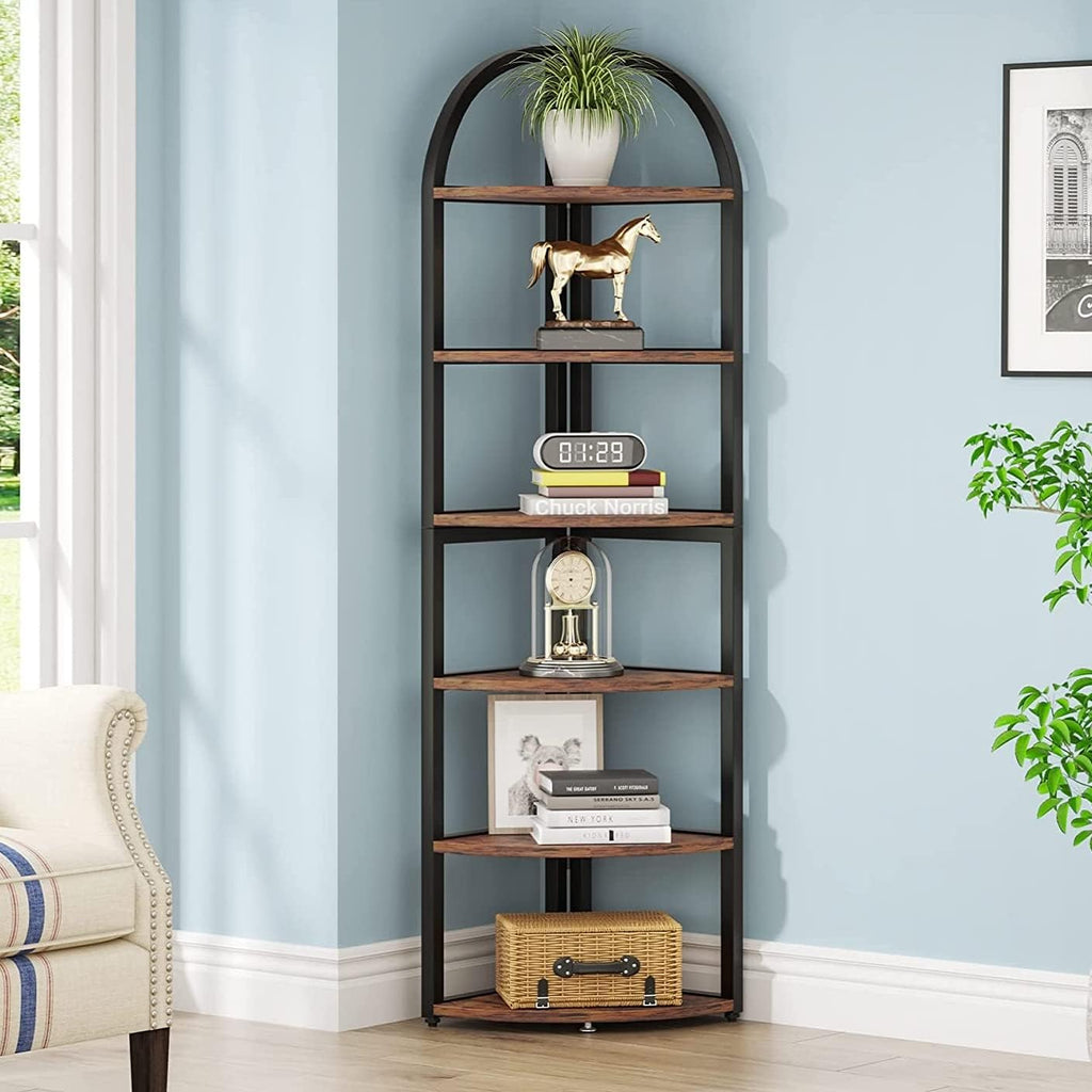 LITTLE TREE 6-Tier Corner Shelf Stand, Freestanding Corner Bookshelf with Adjustable Feet, Rustic Brown Storage Rack for Living Room, Kitchen, Bedroom, Office