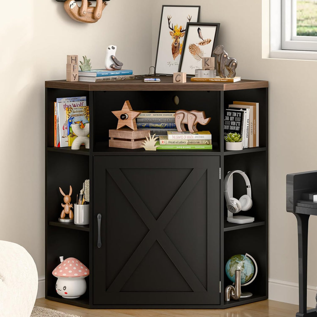 Halitaa Corner Storage Cabinet, Farmhouse Corner Bookshelf with Storage 6-Cubby Wooden Cabinet with USB Ports and Outlets Industrial Organizer for Small Space, Study, Playroom, Black and Brown