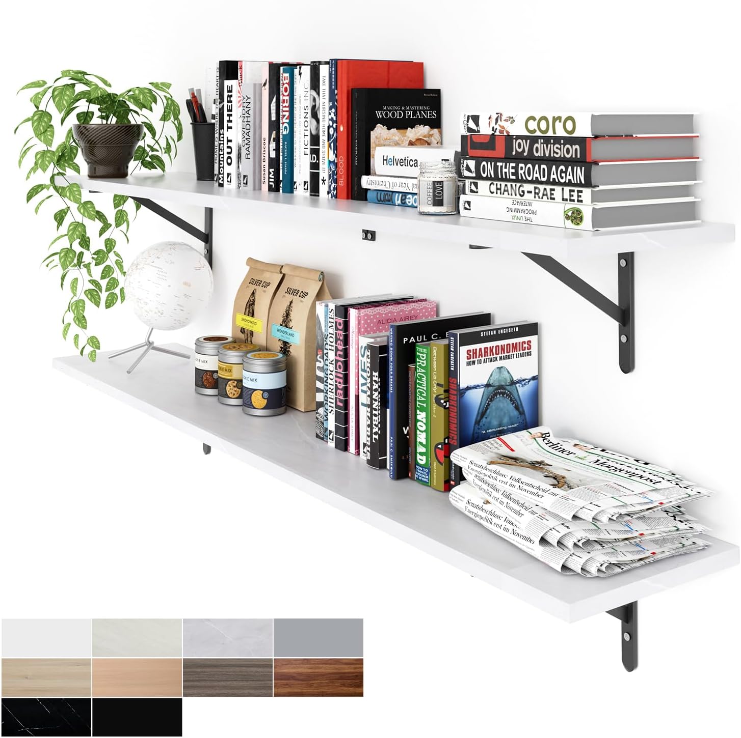 Kaboon 55 inch Long 10 inch Deep Floating Shelves for Wall Set of 2, Large Open Shelves Wall Mounted, Space Saving Home and Commercial Use, White Rock