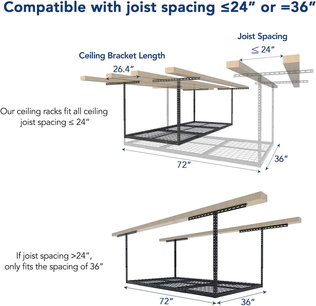 FLEXIMOUNTS 3x6 Overhead Garage Storage Rack, plus 2-Pack 2x4ft Corner Wall Mounted Floating Shelves, 450lbs+440lbs Capacity, Heavy-Duty Garage Organizer, Black