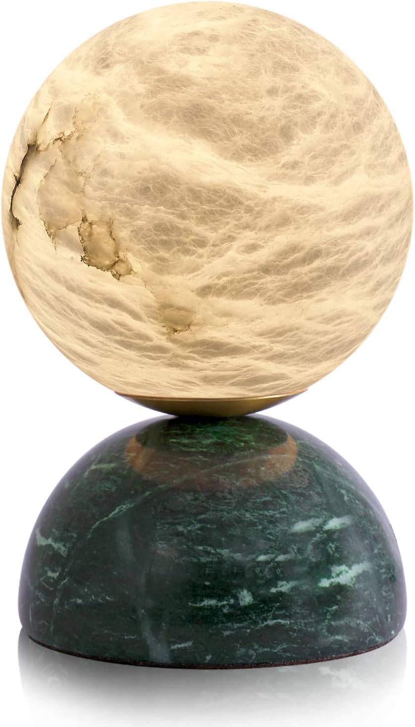 Handcrafted Natural Spanish Alabaster Stone Moon Lamp with Marble Base Elegant LED Night Light Premium Mini Table Lamp for Home, Office, and Luxury Decor