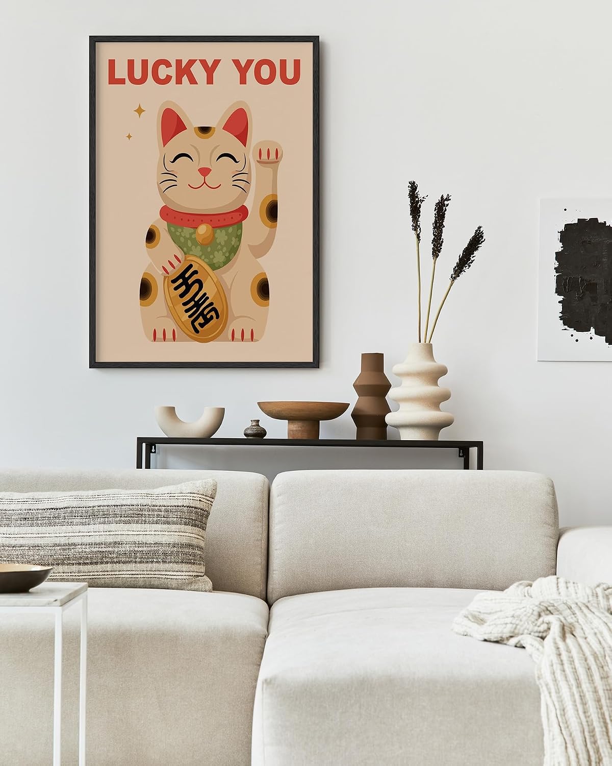 Japanese Maneki-neko Lucky Cat Wall Art Lucky You Retro Illustration 24x36 Inch Oak Wood Black Framed Traditional Charm Print for Living Room Entryway Bedroom Decor
