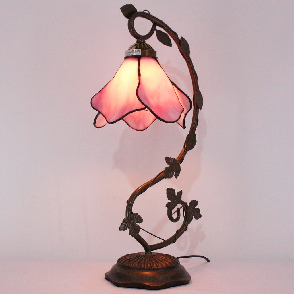 WERFACTORY Tiffany Lamp Pink Stained Glass Table Lamp, Metal Leaf Table Desk Reading Light 8X10X21 Inches Decor Small Space Bedroom Home Office S701 Series