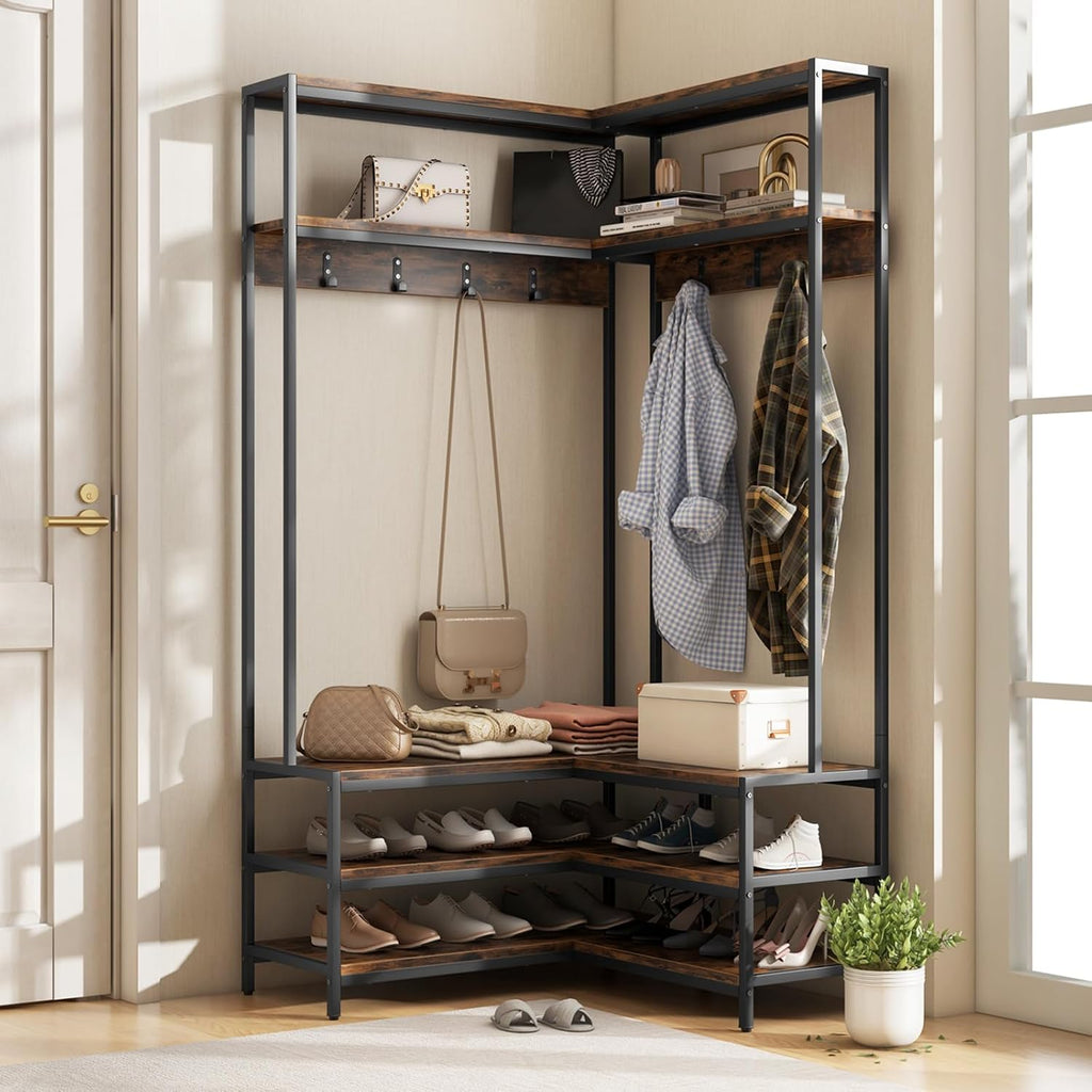 Tangkula Corner Hall Tree, 70 Inch Coat Rack with Bench and Shoe Storage, Entryway Furniture with 7 Hooks, Heavy Duty Metal Frame, Space Saving Clothes Rack Shoes Shelf Organizer (Rustic Brown)