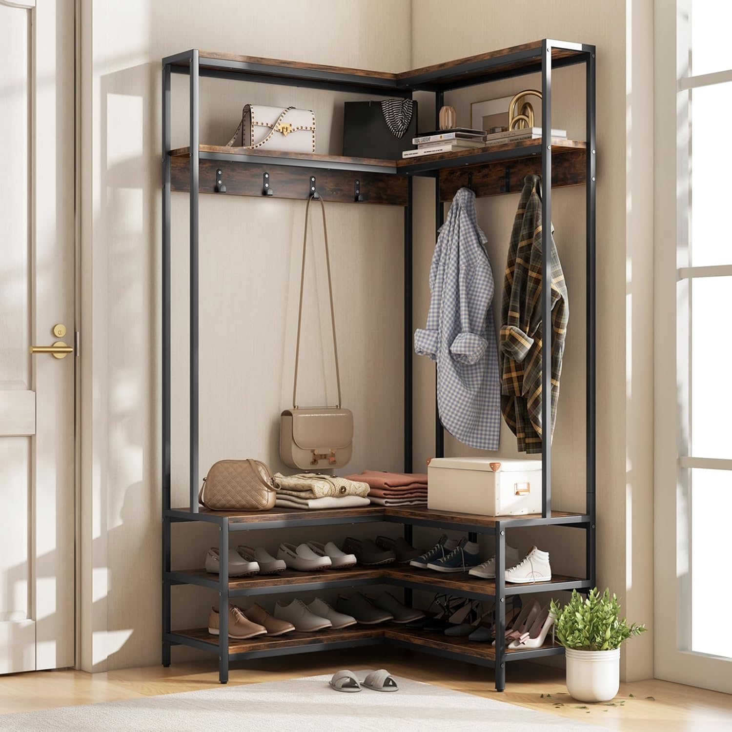 Tangkula Corner Hall Tree, 70 Inch Coat Rack with Bench and Shoe Storage, Entryway Furniture with 7 Hooks, Heavy Duty Metal Frame, Space Saving Clothes Rack Shoes Shelf Organizer (Rustic Brown)