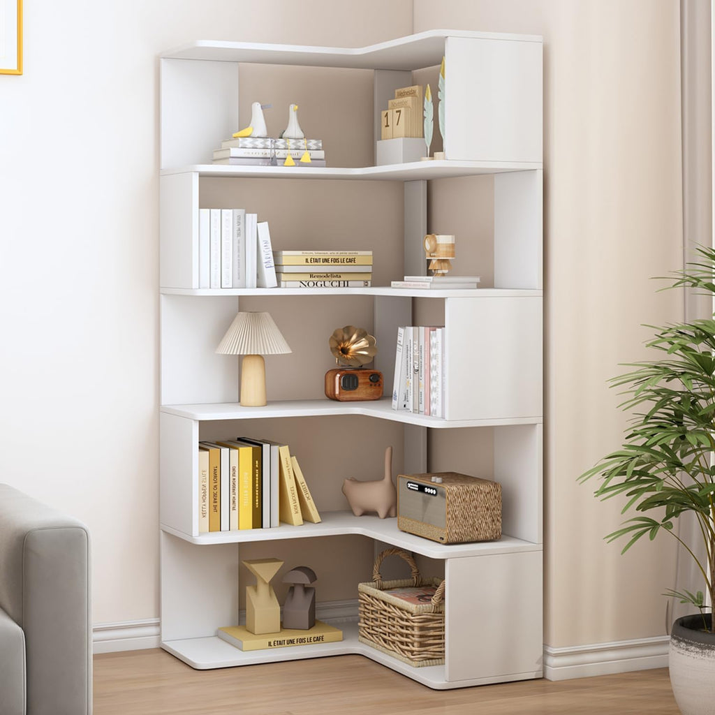 IOTXY 6-Tier L-Shaped Corner Bookshelf - 66' Tall Wooden Freestanding Bookcase with Open Shelf Units, White
