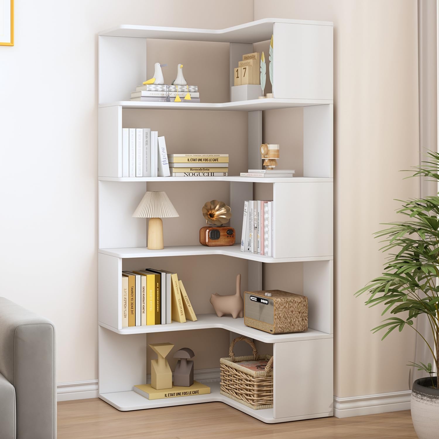 IOTXY 6-Tier L-Shaped Corner Bookshelf - 66' Tall Wooden Freestanding Bookcase with Open Shelf Units, White