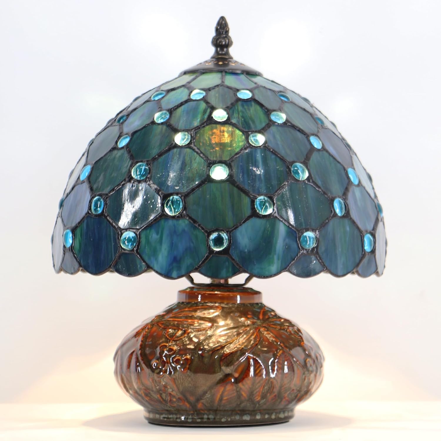 Small Tiffany Table Lamp, 10X10X11 Inch Mini Stained Glass Mushroom Desk Light Memory Sympathy Ceramic lamp (Sea Blue Pearl Style)