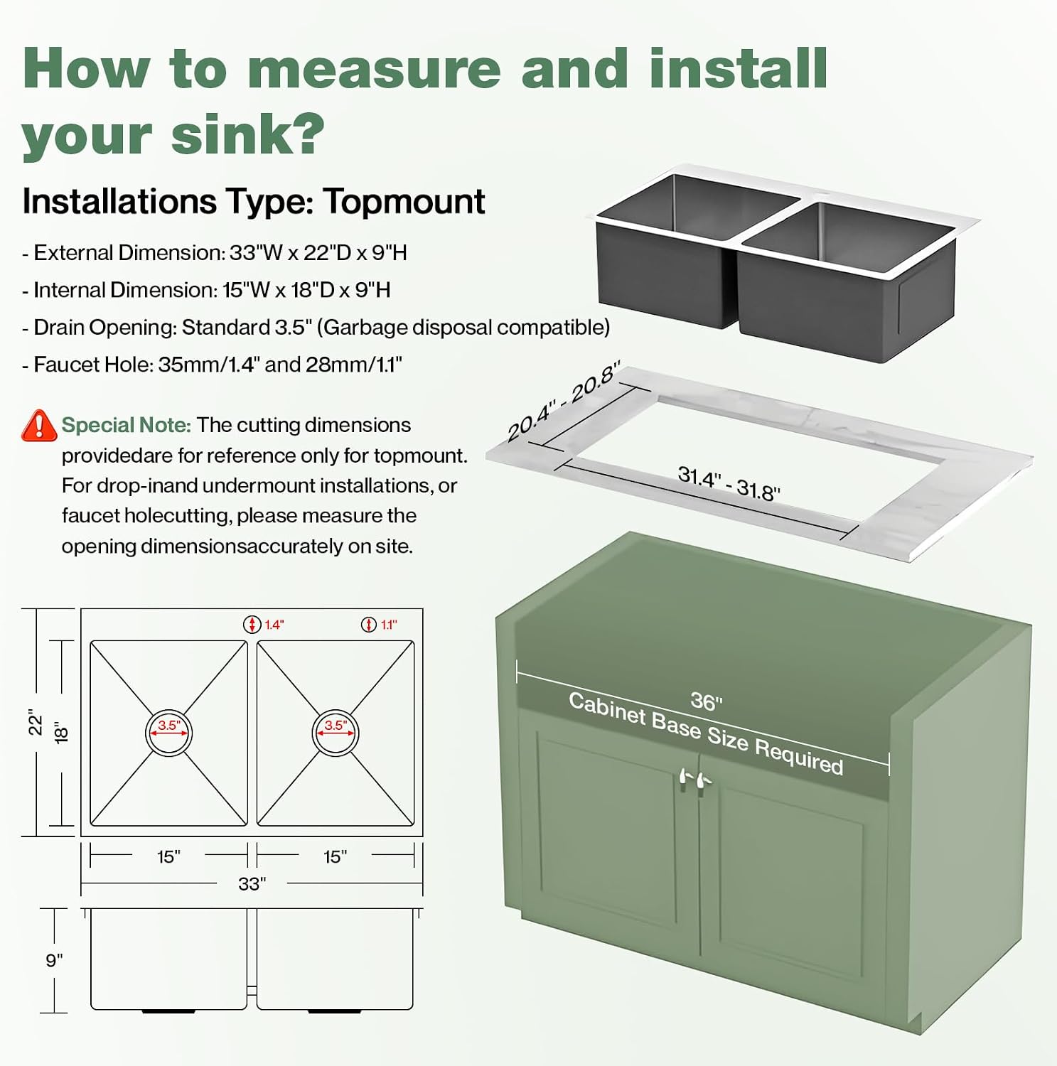 33' x 22' x 9' Drop-In Double Bowl Kitchen Sink, Topmount Stainless Steel with Satin Finish, Soundproofing & Protective Bottom Grid
