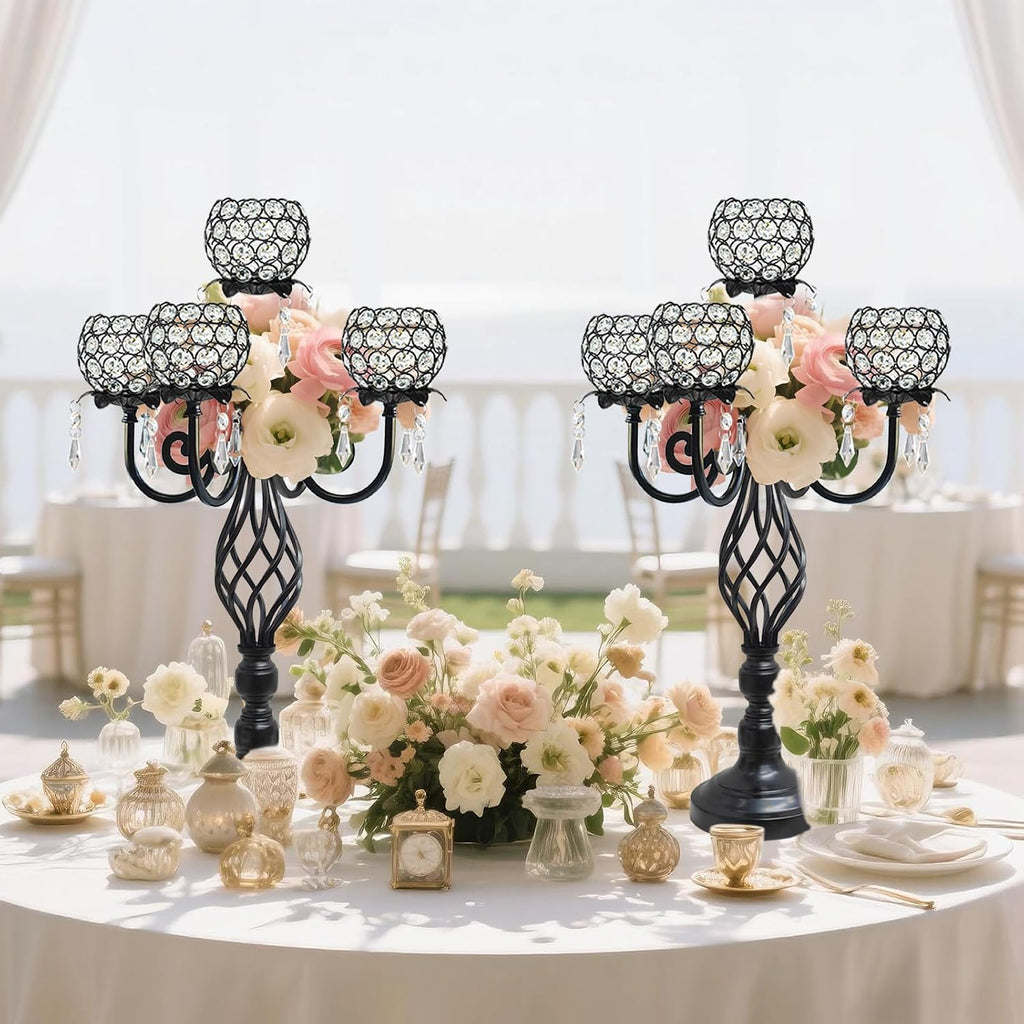 5-Arm Crystal Candelabra Centerpiece 23.2' Tall - Elegant Candle Holder Stand with Crystal Bowl, Chic Table Decor for Weddings, Parties, Anniversary & Home Decoration (4, Black)