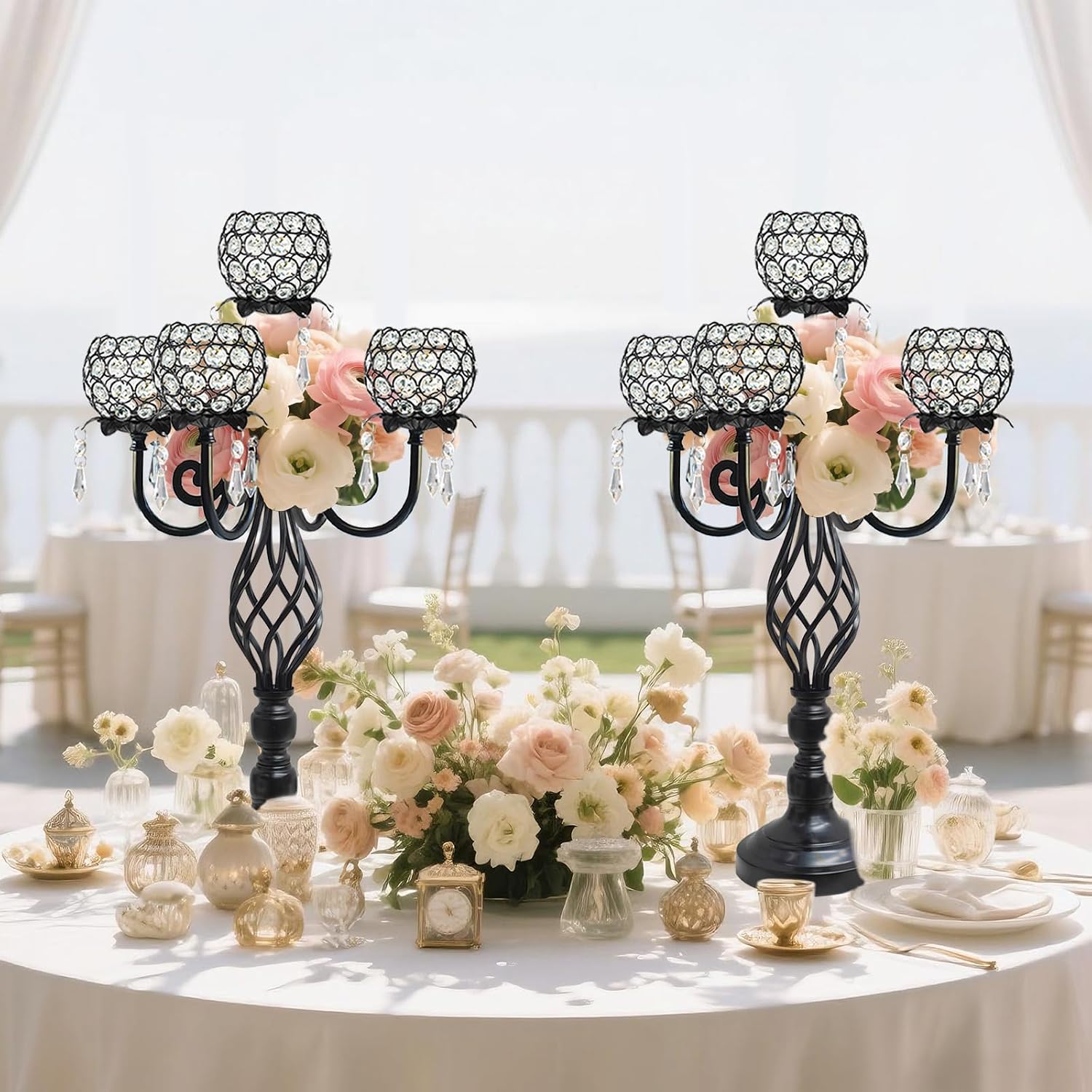 5-Arm Crystal Candelabra Centerpiece 23.2' Tall - Elegant Candle Holder Stand with Crystal Bowl, Chic Table Decor for Weddings, Parties, Anniversary & Home Decoration (4, Black)