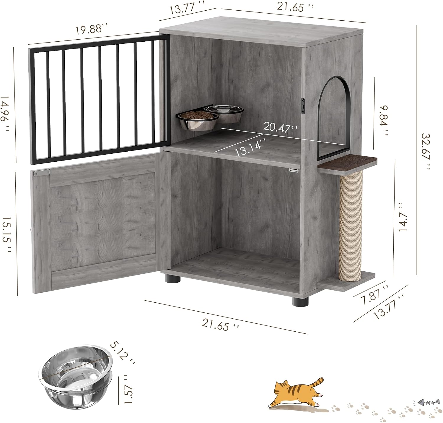 Cat Feeding Station, Dog Proof Cat Feeding Station with Scratching Post, Elevated Food Bowls with Stand, Cats Tree with Food Storage for Small Spaces, Pet House Furniture (Gray)