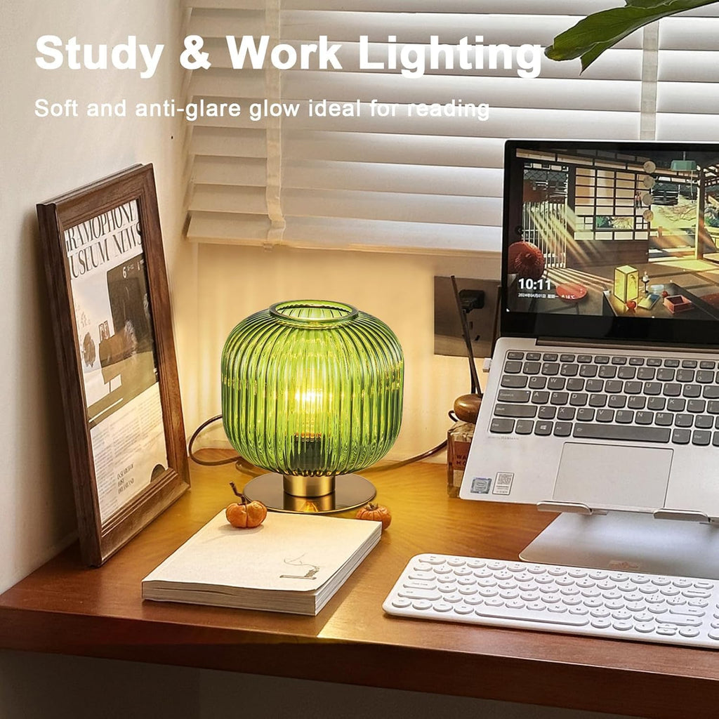 Green Table Lamp Glass Globe Table Lamp Mid Century Modern Small Bedside Lamp Gold Nightstand Lamp Vintage Decorative Brass Desk Lamp for Bedroom Living Room Study Corner Bookshelf (Set of 2)