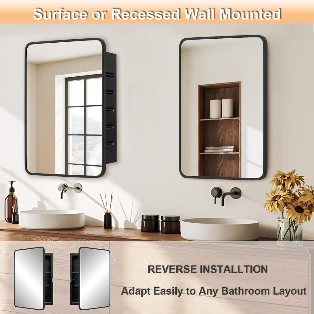 22'x30' Medicine Cabinet Mirror, Black Bathroom Cabinet with Mirror Wall-Mounted or Recessed, Bathroom Vanity Mirror with Storage, Solid Metal Frame, Adjustable Glass Shelves