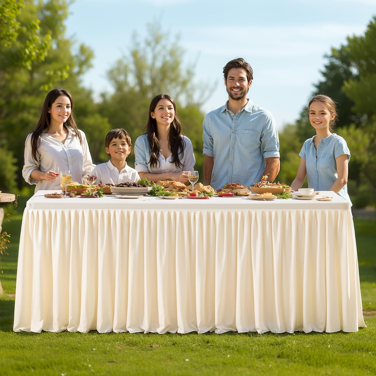 6 Pack Champagne Tablecloths for Rectangle Tables 8ft, Wrinkle Resistant Spandex Tablecover Fitted Stretch Table Cloth with Pleated Ruffle Table Skirts for Party Banquet Dining Birthday Wedding