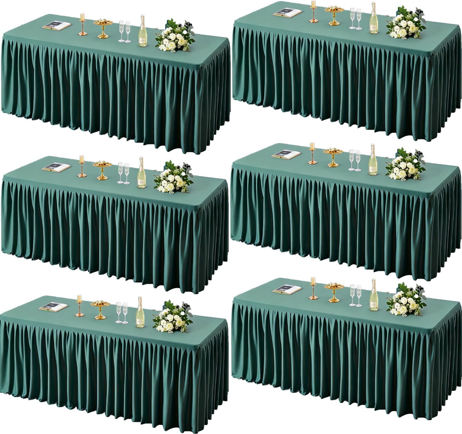 6 Pack Hunter Green Tablecloths for Rectangle Tables 6ft, Wrinkle Resistant Spandex Table Cover Fitted Stretch Table Cloth with Pleated Ruffle Skirts for Party Banquet Dining Birthday Wedding
