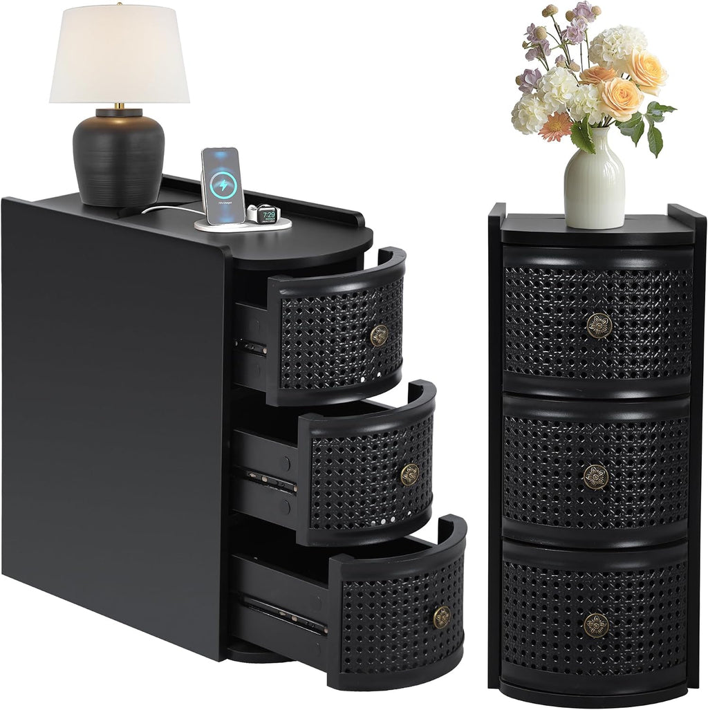 Metal Rattan Narrow End Table with Charging Station Set of 2, Black Side Table with Drawers Storage, Small Night Stand with Power Outlets and USB Ports, Sofa Side Table for Living Room - Black