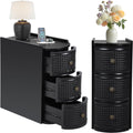 Metal Rattan Narrow End Table with Charging Station Set of 2, Black Side Table with Drawers Storage, Small Night Stand with Power Outlets and USB Ports, Sofa Side Table for Living Room - Black