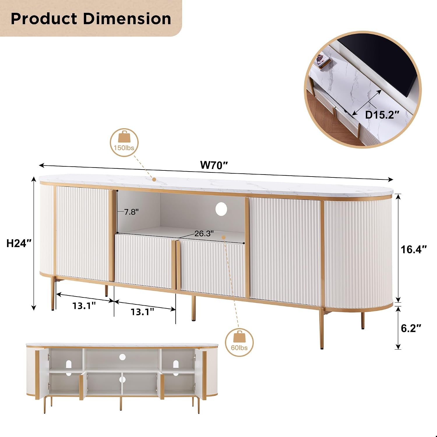 OKD 70' Fluted TV Stand with Storage, Faux Marble Top Entertainment Center for TVs Up to 80', Modern Curved Edge Media Console Cabinet for Living Room, Off White