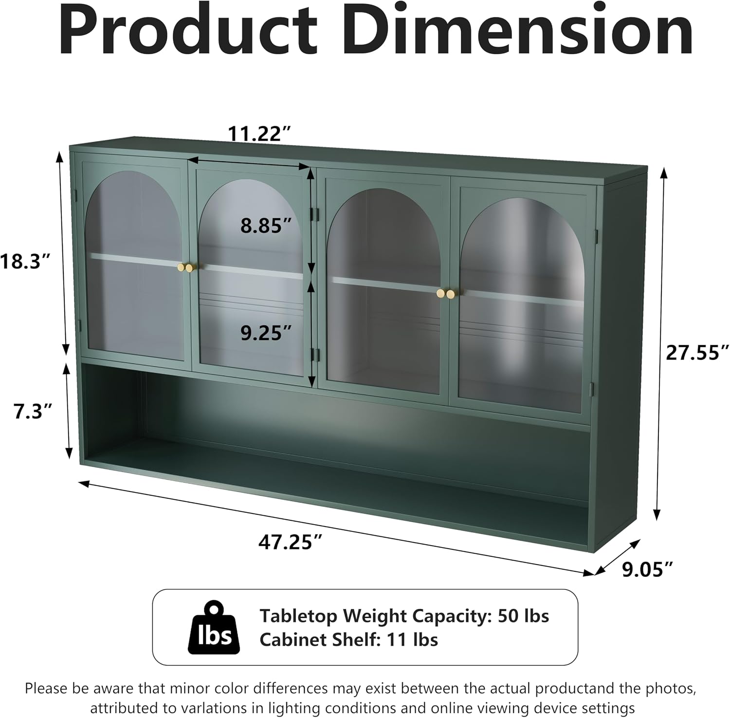 Retro Style Tempering Glass Door Wall Cabinet with Detachable Shelves and Open Shelves，for Office Dining Room,Living Room, Kitchen and Bathroom Dark Green