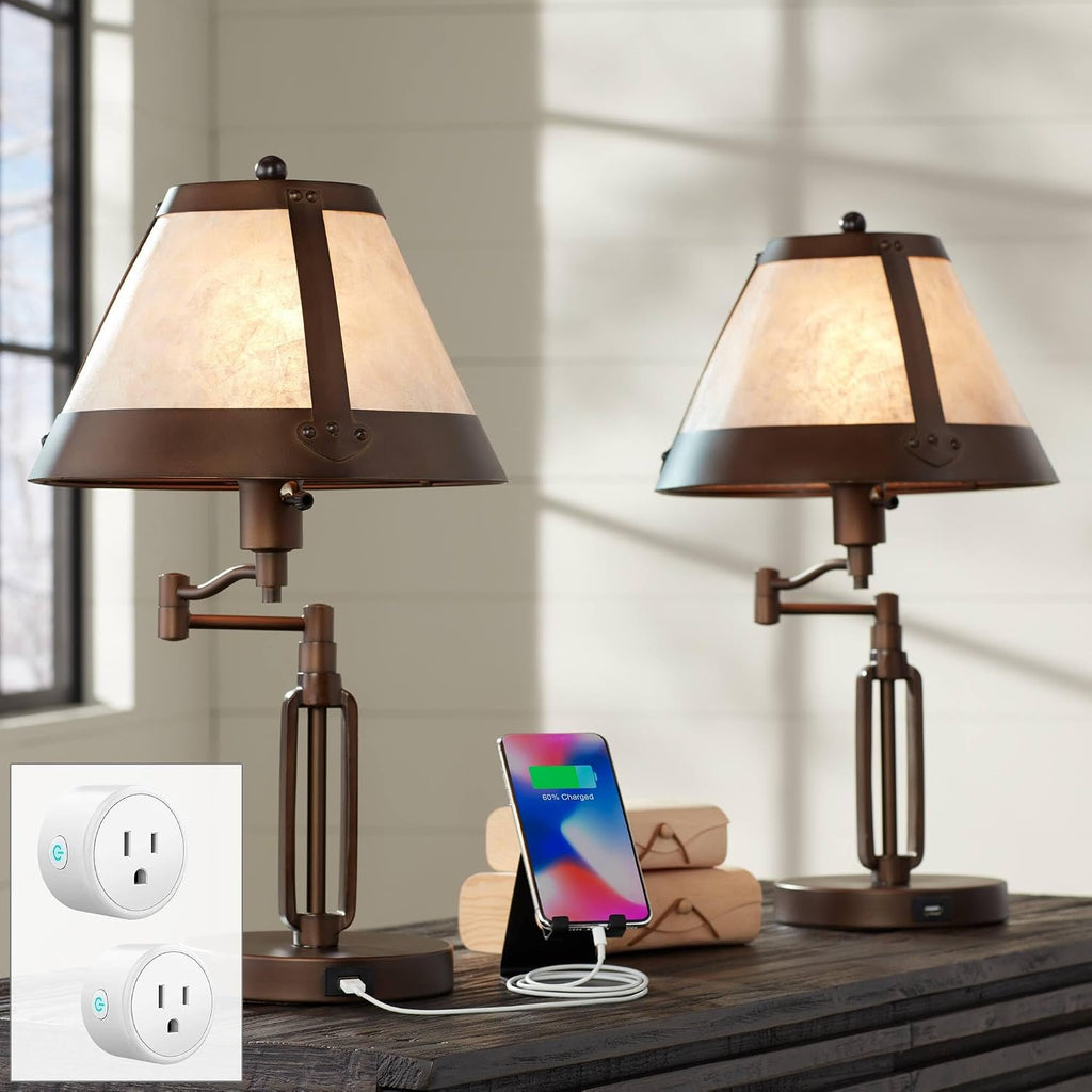 Franklin Iron Works Samuel 21 1/4' High Small Farmhouse Rustic Traditional Desk Lamps Set of 2 USB Port Swing Arm with Socket Brown Bronze Finish Metal Shade Home Office Living Room Charging Bedroom