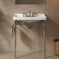 Yayzy 28' Console Bathroom Vanity with White Ceramic Sink, Silver Stainless Steel Legs & Towel Bar, 3 Faucet Holes, No Faucet, Wall-Mounted Support