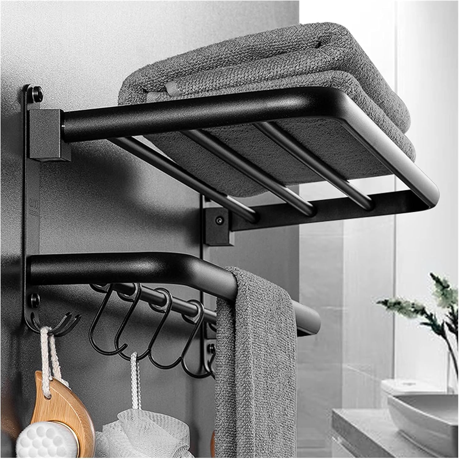 TOMYEUS Shower Caddy Bathroom Shelf Floating Shelves,Wall Mounted Bathroom Wall Shelves with Towel Bar,5 S-Shape Hooks Included,304 Stainless Steel Matte Black Shower Organizer