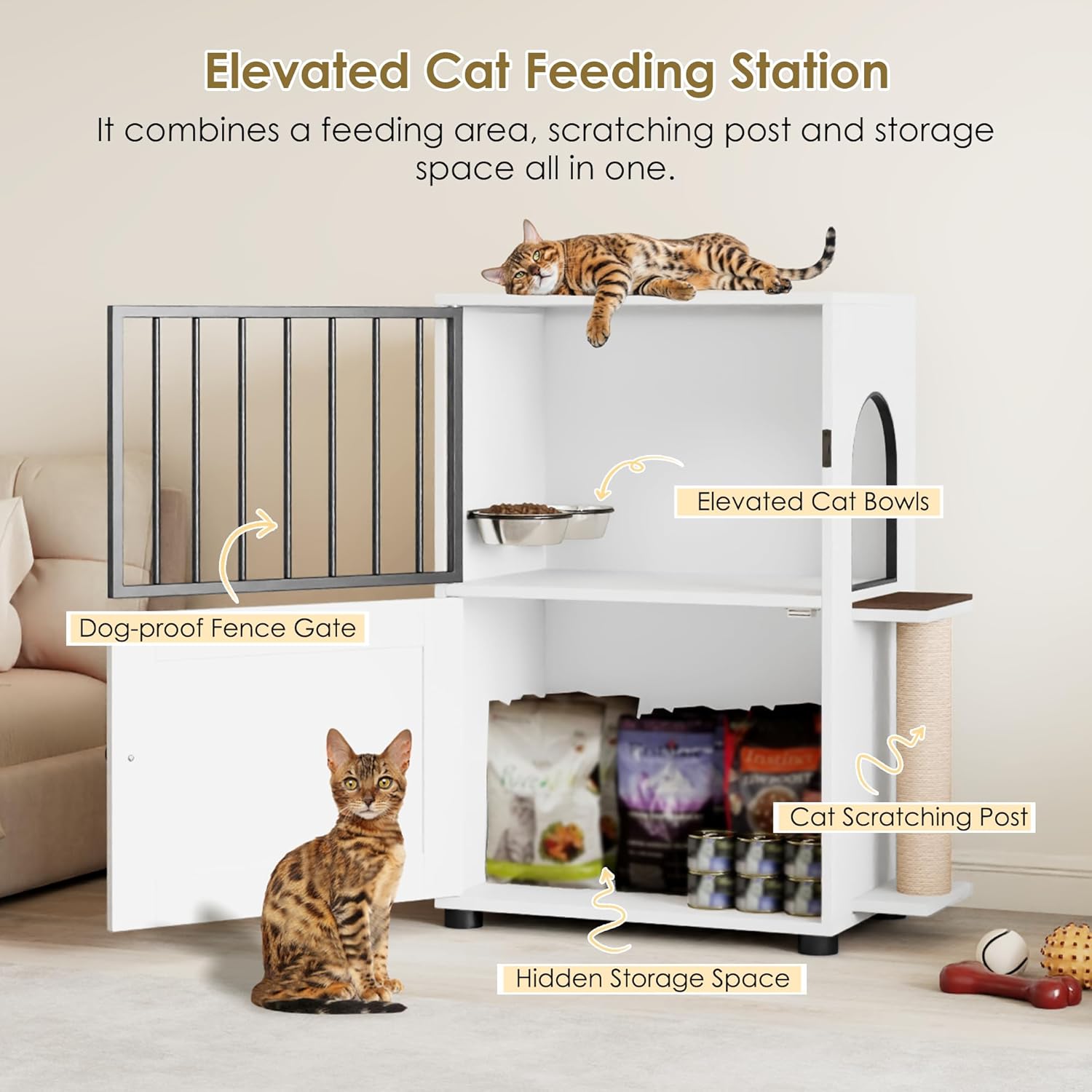 Cat Feeding Station, Dog Proof Cat Feeding Station with Scratching Post, Elevated Food Bowls with Stand, Cats Tree with Food Storage for Small Spaces, Pet House Furniture (White)