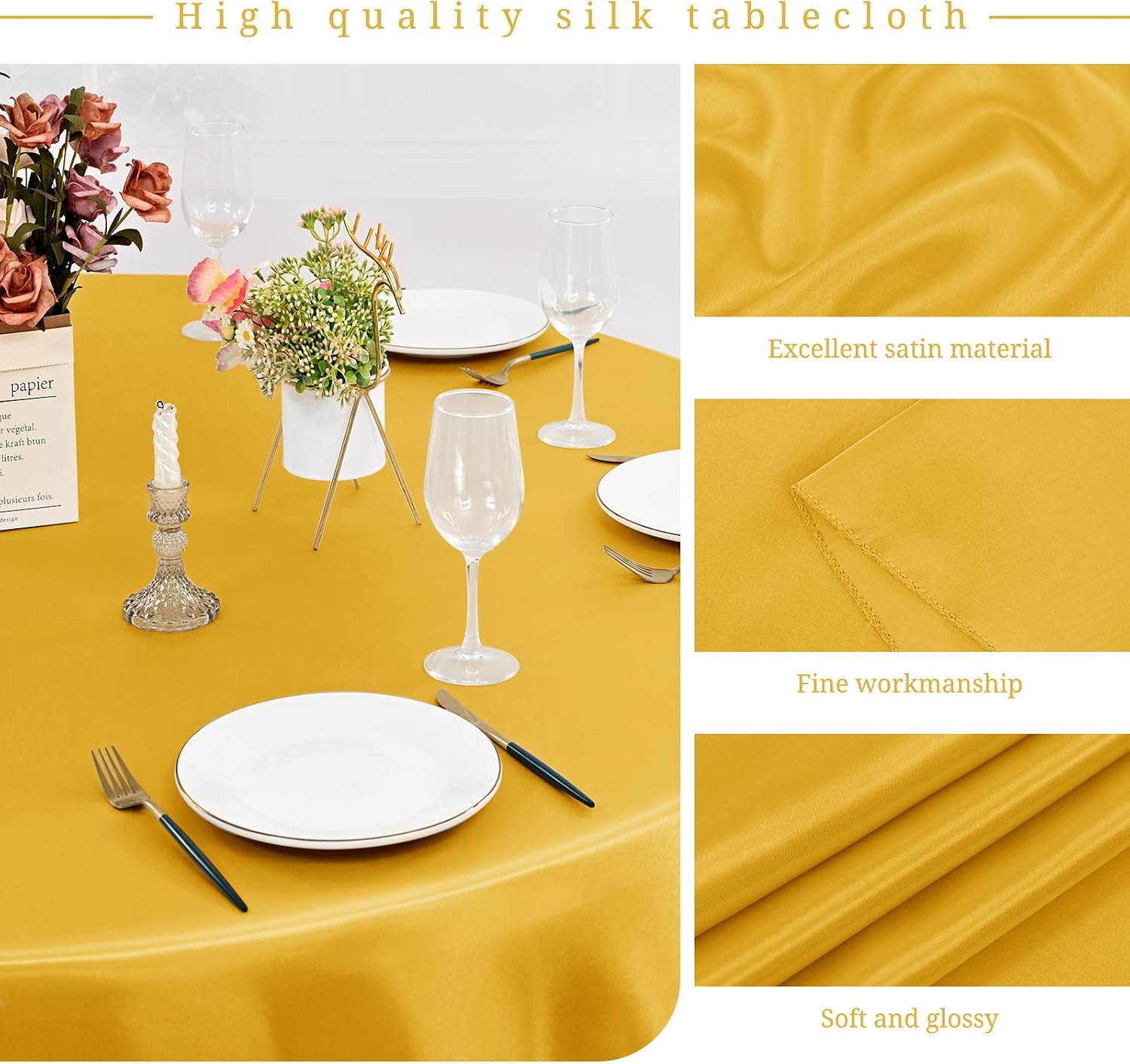 12 Pack 120 Inch Round Tablecloth, Gold Satin Fabric Table Cloth for Round Tables, Wrinkle Resistant Washable TableCover Bright Silk Table Clothes for Wedding Party Dining Tables Banquet