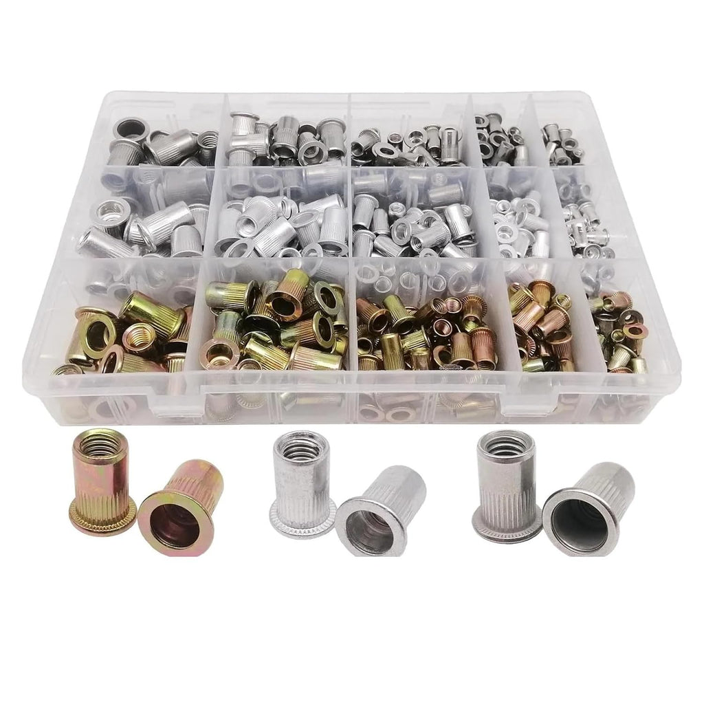 1 Box 70/205/402pcs M3 M4 M5 M6 M8 304 A2-70 Stainless Steel Carbon Steel Aluminum Flat Head Rivet Nut Rivnut Set Assortment Kit(Mix Material 402pcs)