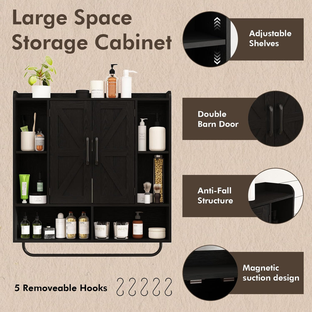 RUSTOWN Rustic Wood Wall Bathroom Cabinet, Farmhouse Medicine Cabinet Wall Mounted, Space Saving Wall Storage Cabinet with 2 Barn Door, 3-Tier Adjustable Shelves and Towel Bar (Black)