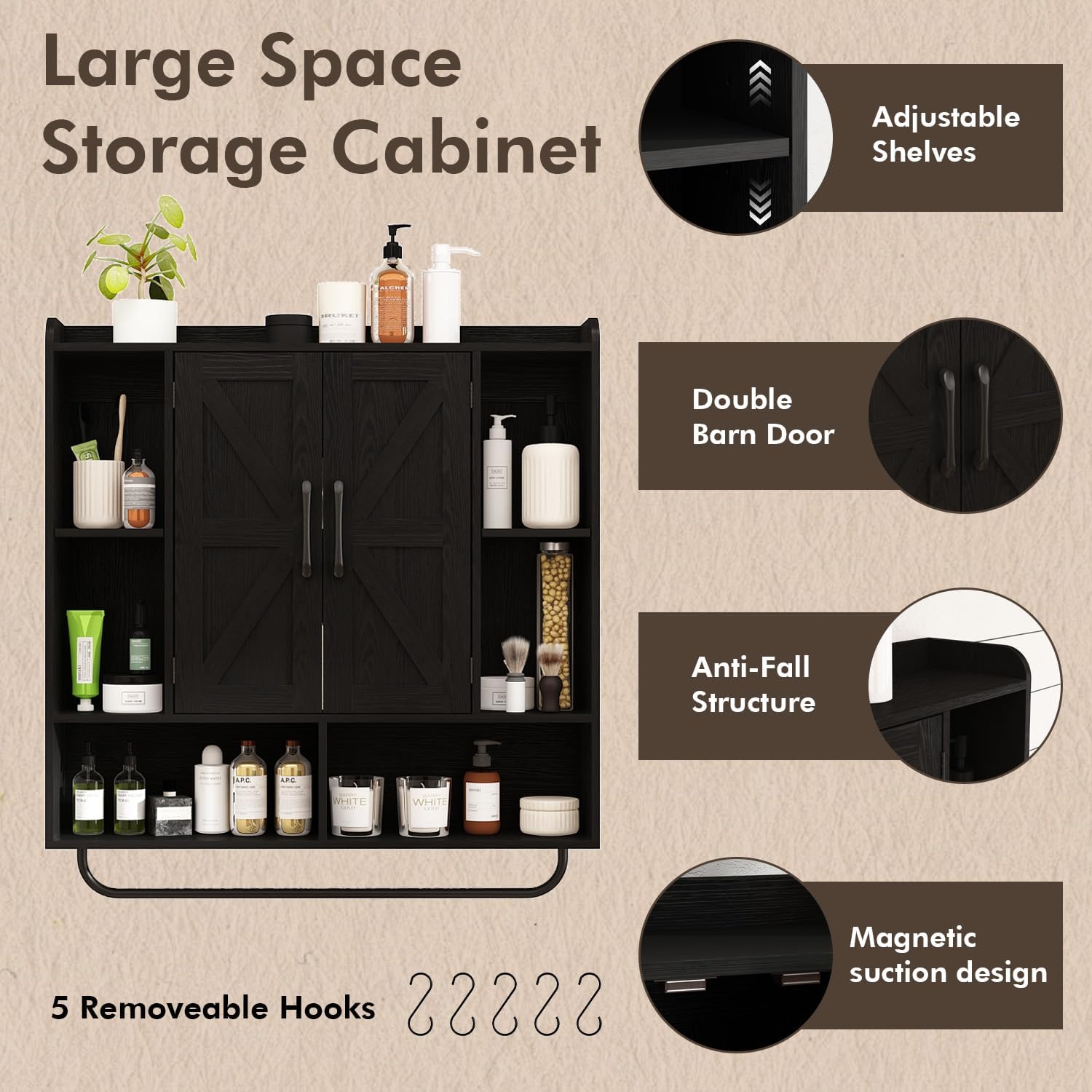 RUSTOWN Rustic Wood Wall Bathroom Cabinet, Farmhouse Medicine Cabinet Wall Mounted, Space Saving Wall Storage Cabinet with 2 Barn Door, 3-Tier Adjustable Shelves and Towel Bar (Black)