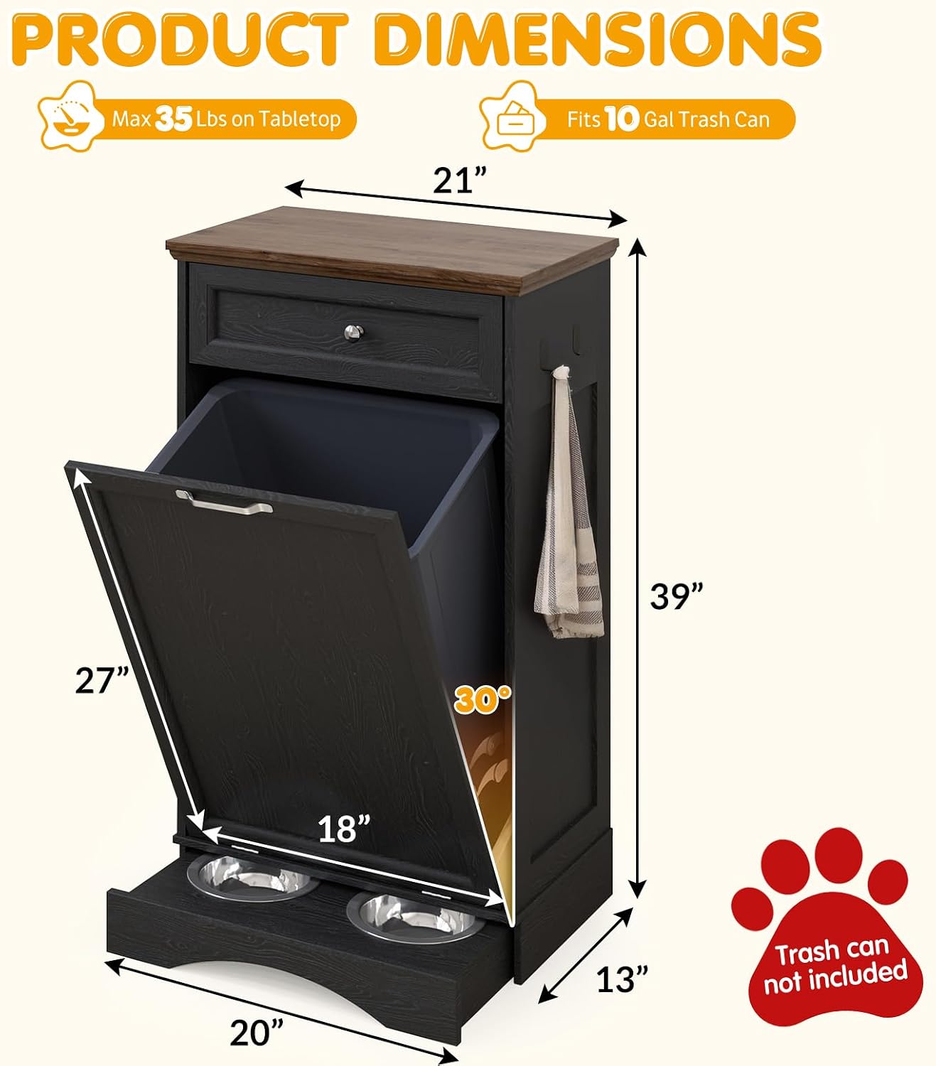 Tilt Out Trash Can Cabinet with Dog Bowl, 10 Gallons Dog Feeding Station with Storage, Dog Food Cabinet with Hideaway Drawer for Kitchen, Living Room,Laundry Room