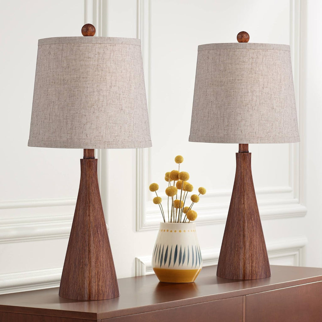 360 Lighting Fraiser 23 1/2' High Cone Small Mid Century Modern Accent Table Lamps Set of 2 Brown Wood Finish Cottage Core Living Room Bedroom Bedside Nightstand House Office Home Oatmeal Shade