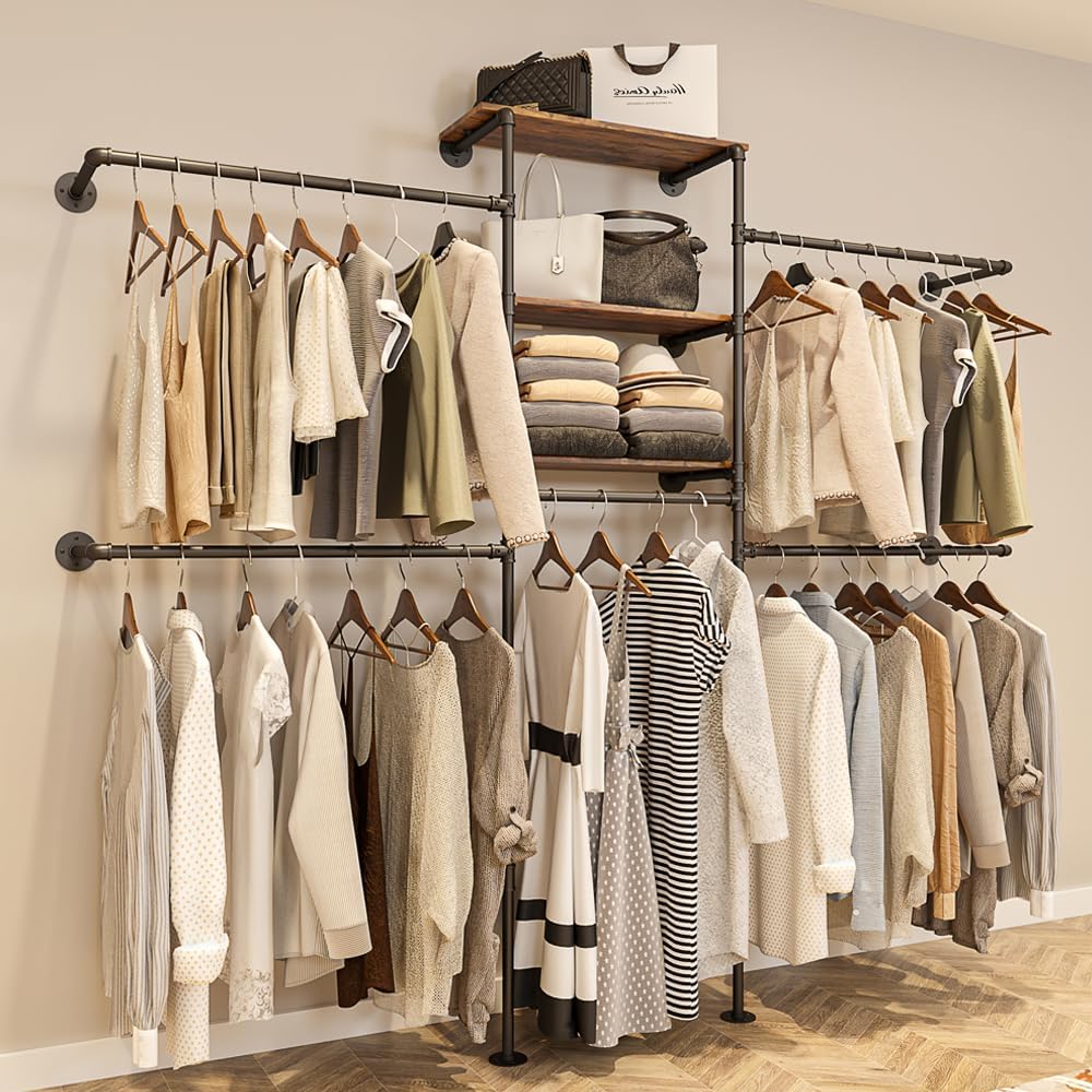 KaKaBB Industrial Pipe Clothing Rack - Heavy Duty Wall Mounted Clothes Rack, Corner Closet System, DIY Wardrobe Organizer with Shelves, Walk in Closet Storage (BLACK, 94.5')