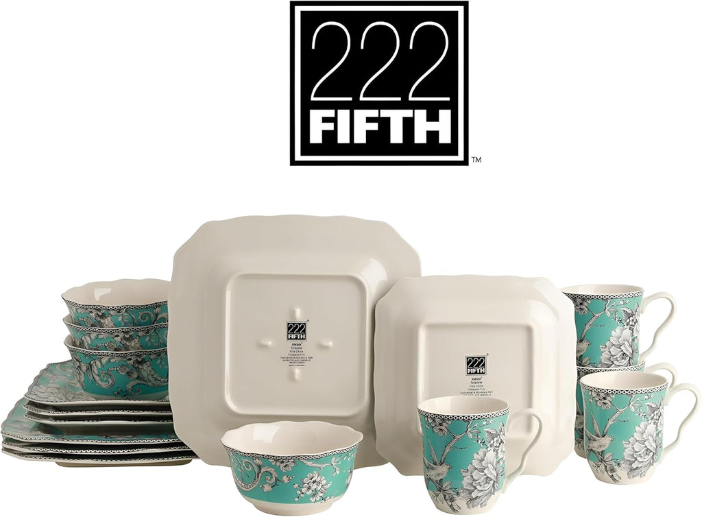 222 Fifth Adelaide Turquoise 16-Piece Porcelain Dinnerware Set | Microwave and Dishwasher Safe Dining Set for 4 | Stackable and Chip-Resistant Plates Bowls and Cups | Gift for Housewarming & Wedding