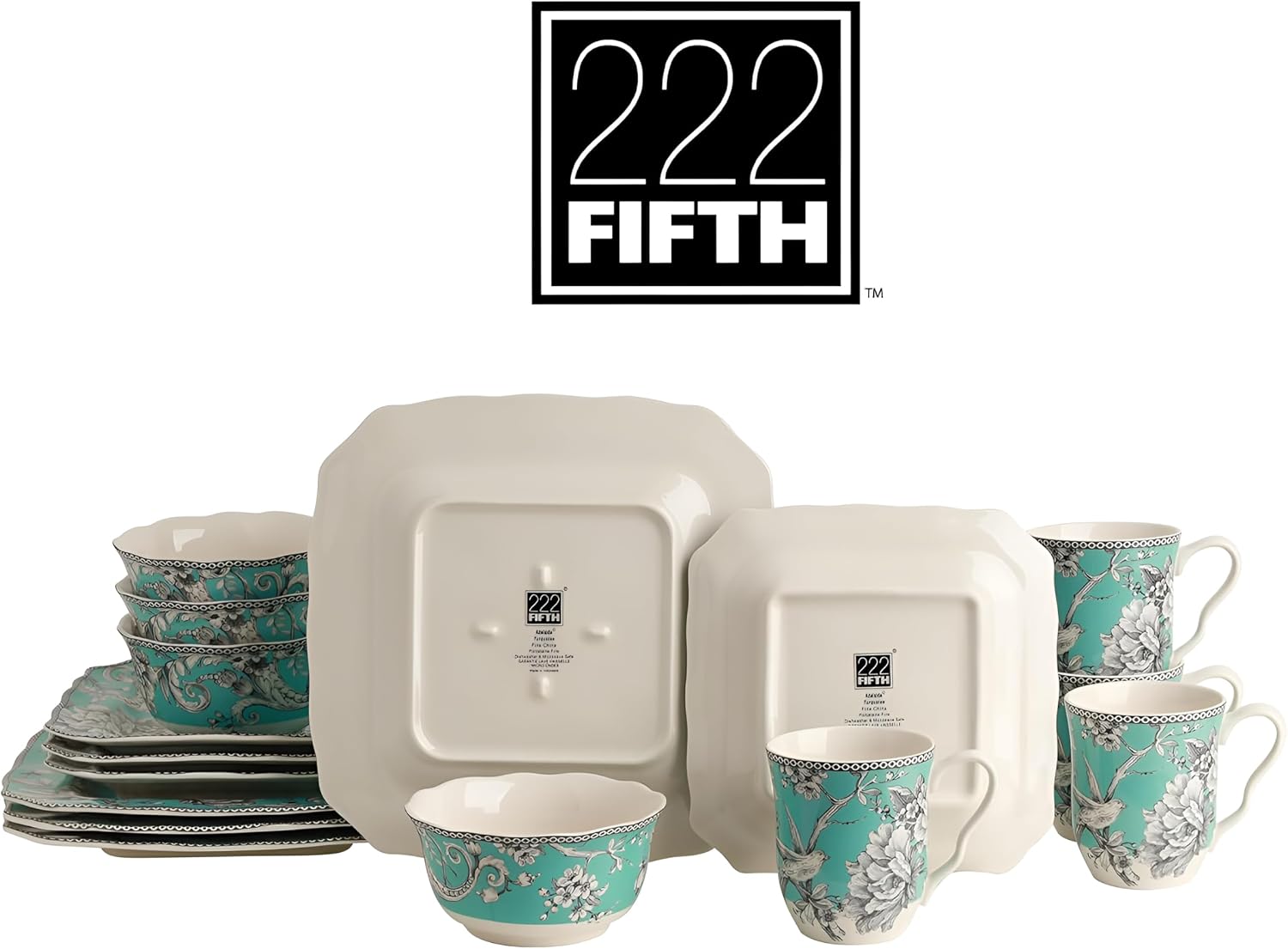 222 Fifth Adelaide Turquoise 16-Piece Porcelain Dinnerware Set | Microwave and Dishwasher Safe Dining Set for 4 | Stackable and Chip-Resistant Plates Bowls and Cups | Gift for Housewarming & Wedding