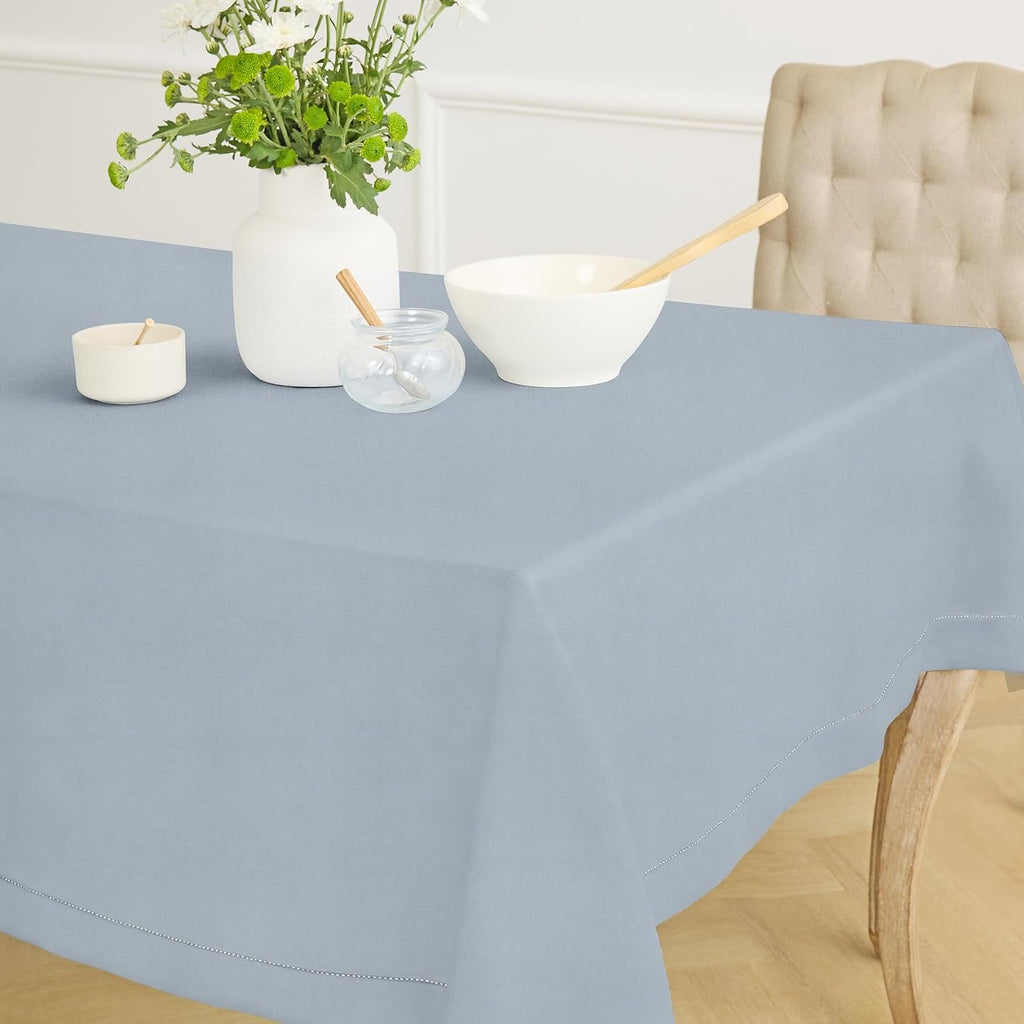 Solino Home Dusty Blue Linen Tablecloth 60 x 120 Inch - 100% Pure Linen Hemstitch Table Cloth for Rectangle Tables - Classic Hemstitch, Machine Washable Tablecloth for Summer