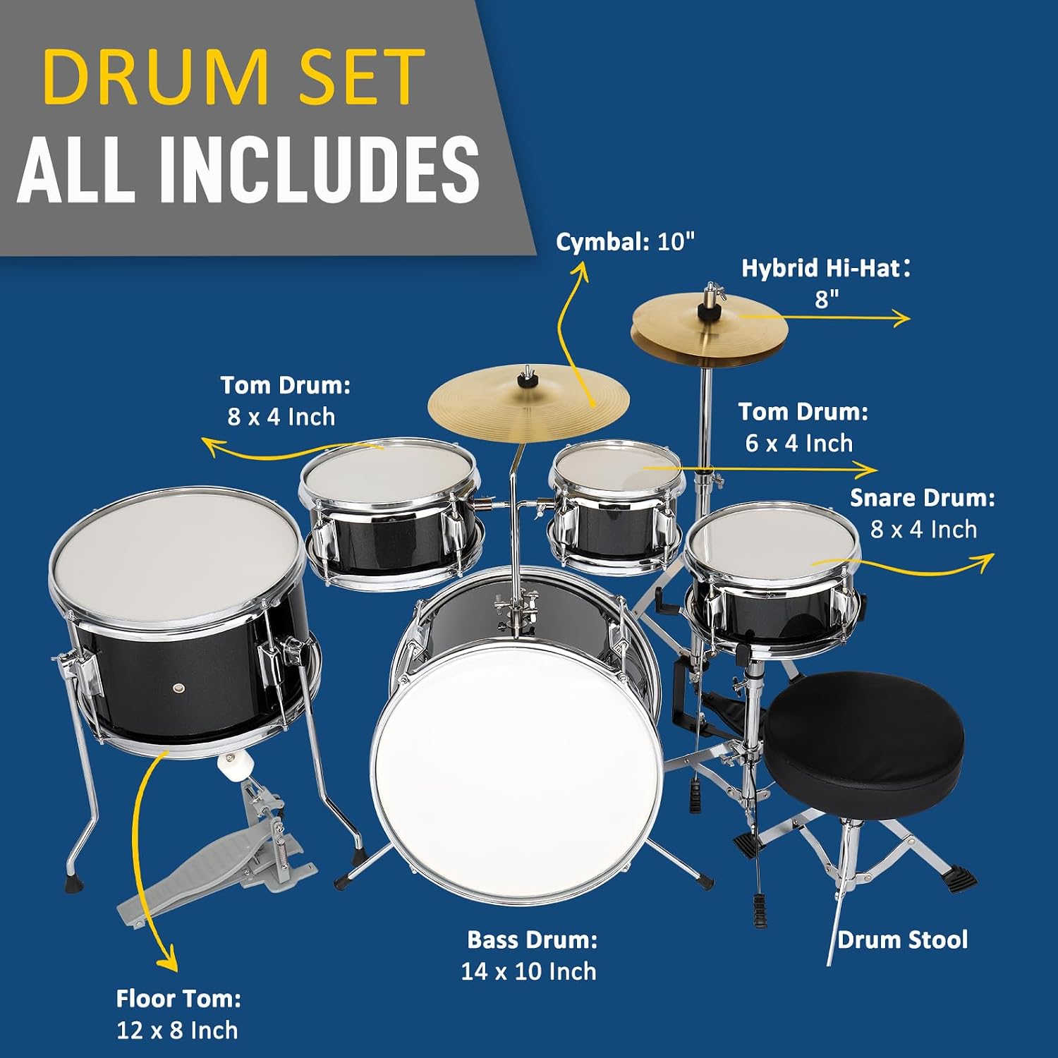 Ktaxon 5-Piece Complete Junior Drums Set, 14 Inch Beginners Drum Kit with Throne Stool, Pedal & Drumsticks, Drums Musical Instruments W/Cymbal, Hi-Hat, Floor, Tom and Snare Drum (Black)