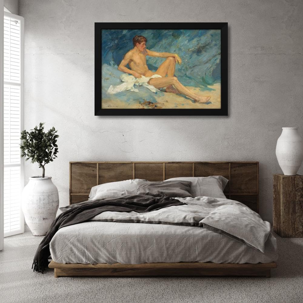 Henry Scott Tuke 40x28 Extra Large Black Modern Framed Art Print Titled: A Male Nude Reclining on Rocks