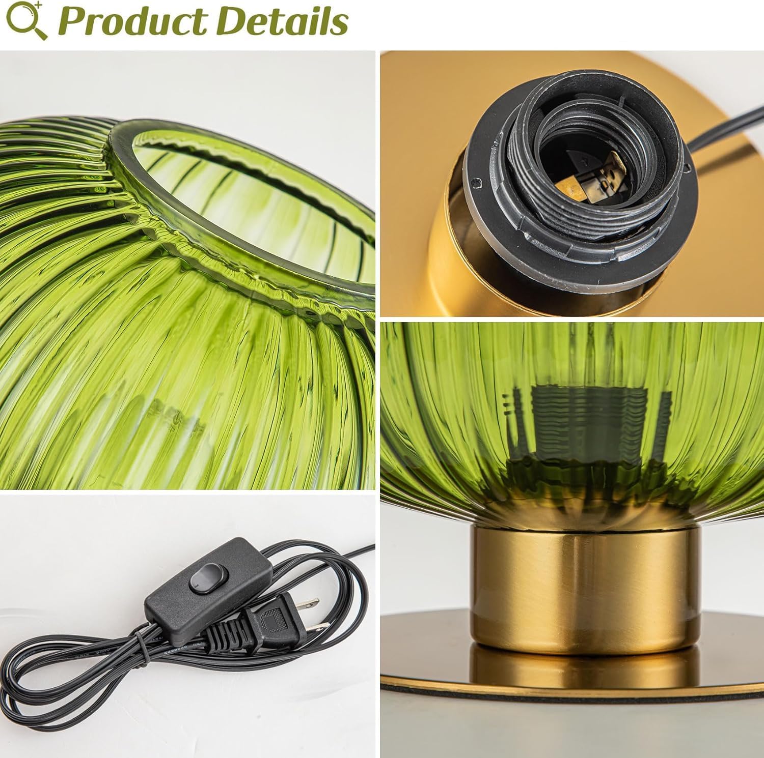 Green Table Lamp Glass Globe Table Lamp Mid Century Modern Small Bedside Lamp Gold Nightstand Lamp Vintage Decorative Brass Desk Lamp for Bedroom Living Room Study Corner Bookshelf (Set of 2)