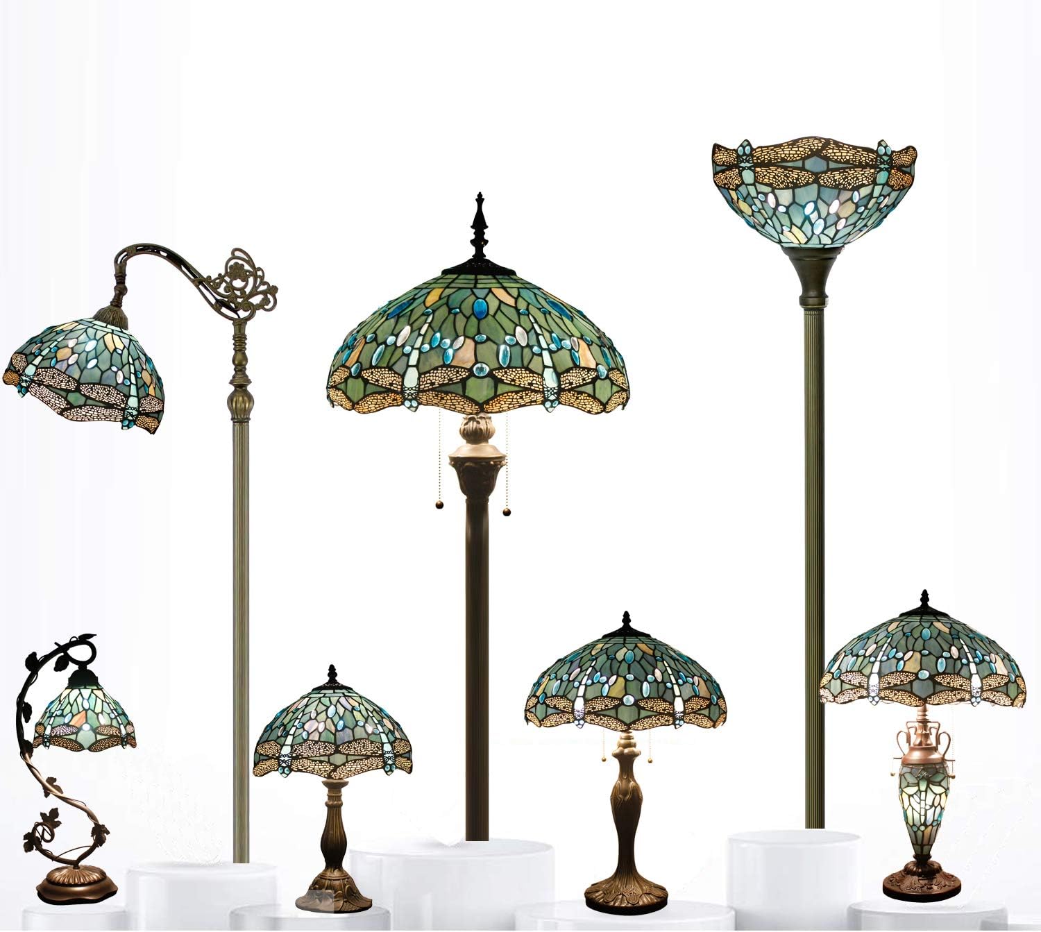 WERFACTORY Tiffany Lamp Sea Blue Stained Glass Dragonfly Style Desk Reading Light, Metal Leaf Table Lamp Base 8X10X21 Inches Decor Small Space Bedside Bedroom Home Office S147 Series